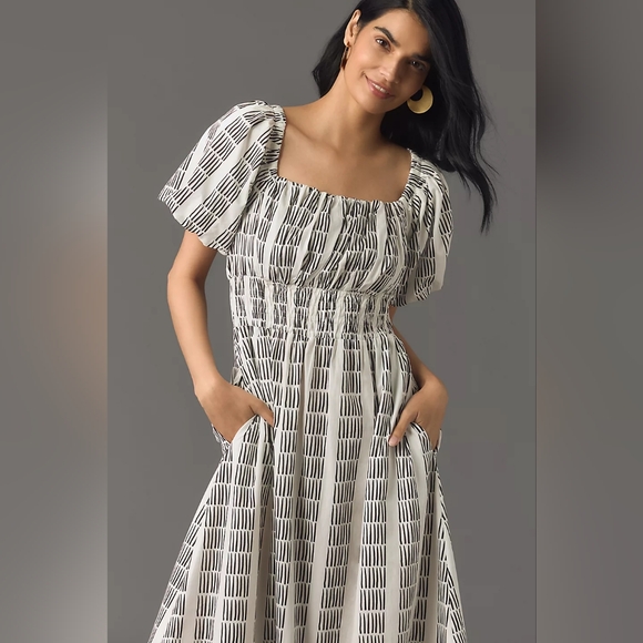 Anthropologie Maeve Puff Short Sleeve Square-Neck Smocked Midi Dress Whi… - Picture 2 of 8